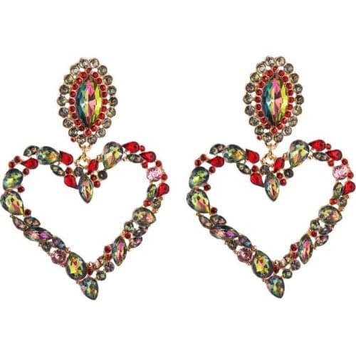 Shiny Rainbow Crystal Rhinestone Large Heart Pendant Dangle Bib Earrings Statement Earrings Women Fashion Jewelry