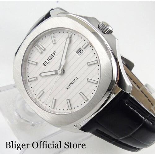 BLIGER Luxury 39mm White Automatic Mens Watch With Date Indicator Leather Strap