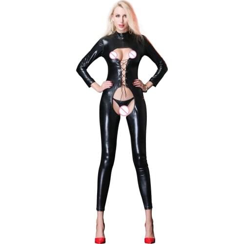 Body Stocking Split Pants Catsuit Sexy Nightwear Leggings Lingerie Crotchless Bodysuit Patent Leather Lace Up Seductive Leotard