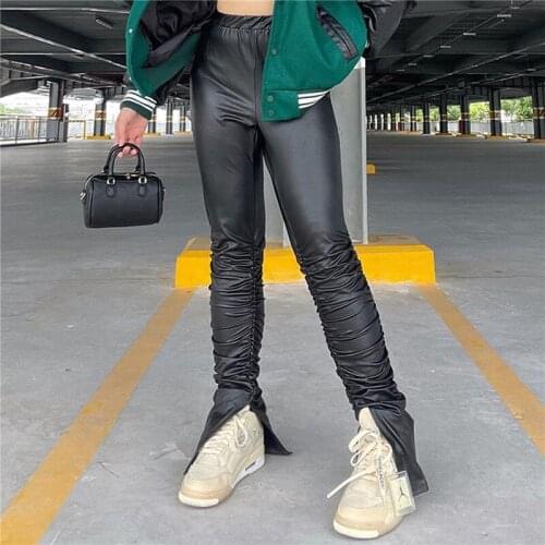 Chic Fashion High Waist PU Leather Trousers Pants Fall Winter Streetwear Bottom Sexy Club Party Flare Pant Bodycon