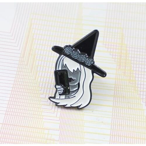 Black Lip White-haired Witches Hold Cell Phone Wear Black Hats With Black Roses Backpack Badge Enamel Brooches Punk Gifts