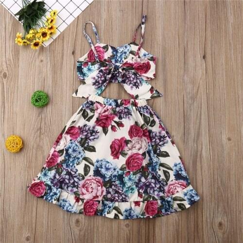 2021 Children Summer Clothing Kid Toddler Baby Girl Floral Clothes Crops Bowknot Tops Skirts Long Dress 2Pcs Set Outfits Costume