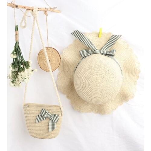 Cute Girls Straw hat +Should bag Handbag 2pcs sets For Tour Summer Kid Princess Bow Beach Hats Outdoor UV Protection Sun Hat