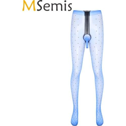 Men See-through Mesh Pantyhose Solid Color High Waist Sheer Bulge Pouch Exotic Pants Sissy Long Stockings Dot Stretchy Leggings
