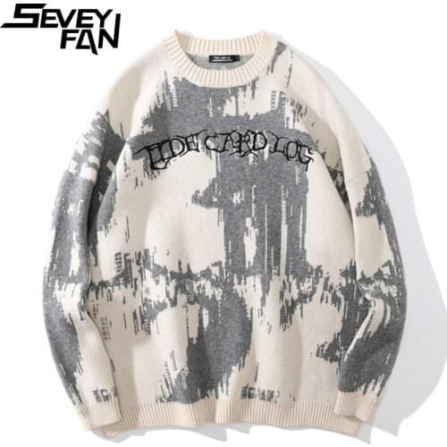 SEVEYFAN Mens Fashion Letters Embroidery Sweater Streetwear Loose O Neck Knitwear Hip Hop Pullover Sweaters for Couples
