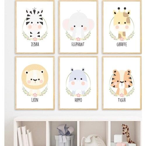 Flower Zebra Elephant Giraffe Animal Baby Nursery Wall Art Poster Print Canvas Painting Cut Picture Nordic Kids Bedroom Decor
