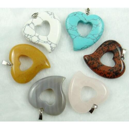 Natural stone Quartz Crystal Turquoises lapis Opal tiger eye Heart pendant for diy Jewelry making necklace Accessories6pcs A2