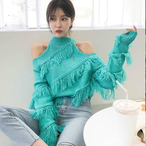 2019 Ins Winter New Womens Tassel Pullovers Sweater Sexy Turtleneck Full Sleeve Korean Casual Loose Knitted Sweater C99203K