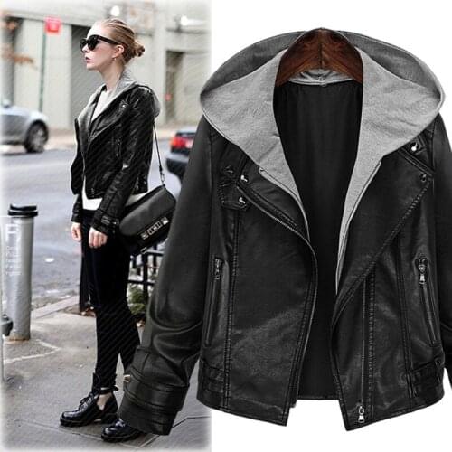 2021 New Spring Long-sleeved Hooded Leather Jacket Joker Motorcycle Clothing Slim Short Jacket Female Casual Cloth