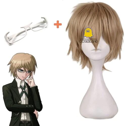 Danganronpa Byakuya Togami Cosplay Dark Blonde Wig Brown Short Wig Dangan Ronpa Byakuya Eye Glasses Synthetic Hair with Wig Cap