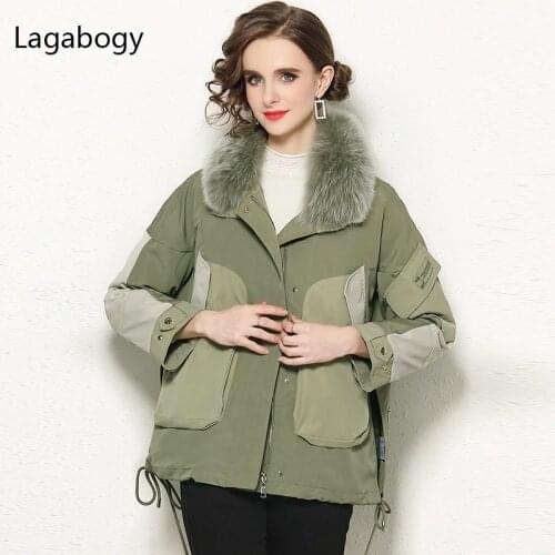 Lagabogy 2021 Winter Women White Duck Dowm Coat Real Fox Fur Female Loose Warm Parka Liner Detachable Puffer Jacket Army Green