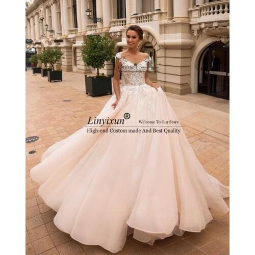 Illusion Scoop Neck A Line Wedding Dresses Sleeveless Off Shoulder Appliqued Lace Bridal Gowns Court Train Vestidos de Novia