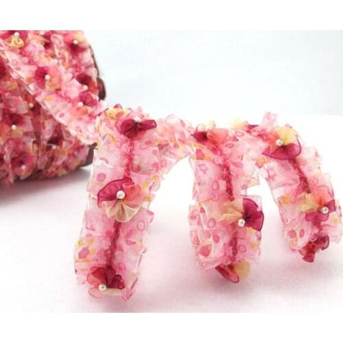 Pleated Trim|w Rococo Flower Trim|1 1/8 Inches Pleated Ombre Printed Chiffon Trim|Organza Chiffon Trim|Retro Handmade Supplies