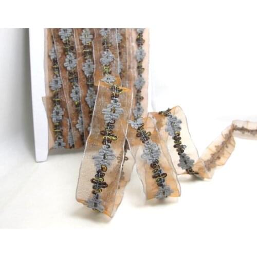 2 Yards 1 Inch Transparent Chiffon Ribbon with Gray and Brown Woven Trim|Hair Accessories Craft Supplies|Bow Making