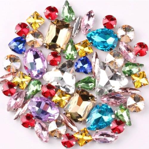 Silver claw setting 50pcs/bag shapes mix light colors glass crystal sew on rhinestone wedding dress shoes bag diy trim