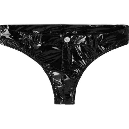 Mens Lingerie Triangle Briefs Underwear Patent Leather Clubwear Low Rise Zipper Open Crotch Erotic Panties for Nightclub Bar