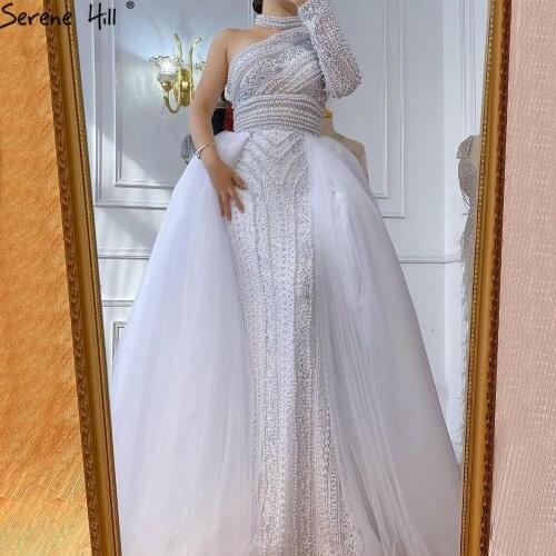 Serene Hill Dubai One Shoulder White Evening Dress 2021 Latest Design Pearls Beadings Luxury Formal Party Wear Gown CLA70462