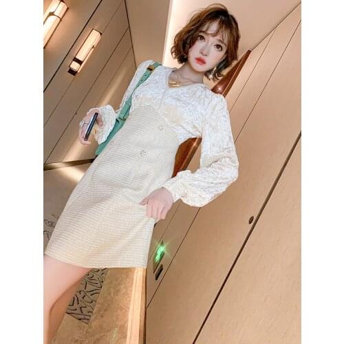 Nail bead v-neck velvet spell receives the waist slim tweed dress dress 2020 new winter