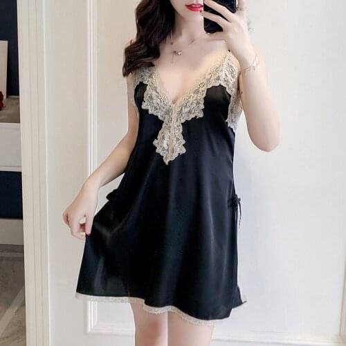Sexy Hot Erotic Sleepshirts Night Dress Deep V Women Lace Nightgown Sleepwear Silk Lingerie Satin Femme Mini Nightgowns