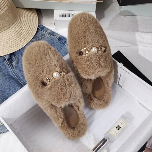 Womens Autumn And Winter Faux Mink Fur Half Slippers Female Baotou Lazy Outer Wear Muller Shoes Cotton Slides Large Size 34-44
