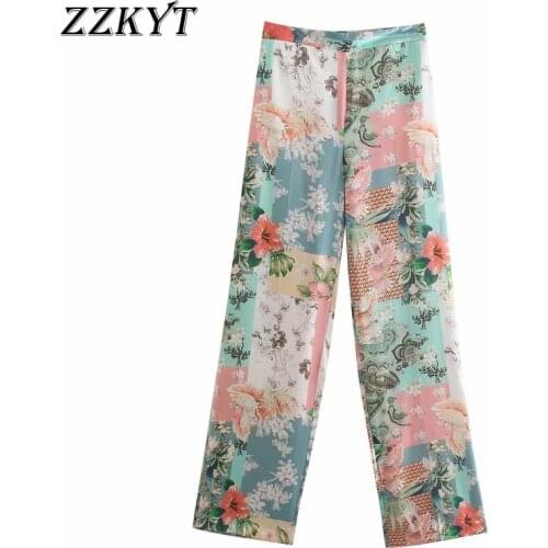 ZZKYT 2021 Women Spring Fashion Print Patchwork Straight Pant Vintage Elastic Waist Fly Side Pockets Female Ankle Trousers Mujer