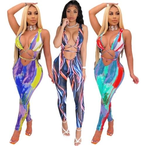 Echoine 2021 Summer Women Tie-Dye Print Bandage Jumpsuit Hollow Out Beachwear Sexy One Piece Night Club Party Rompers overalls