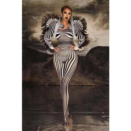 New Style Zebra Pattern Jumpsuit Women Singer Sexy Stage Outfit Bar DS Dance Cosplay Bodysuit Costume Prom Clothes