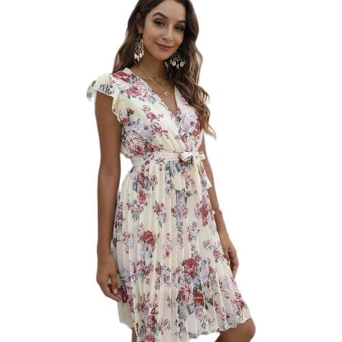 2021 Factory Price Hot-Selling Summer Dress New Fashion Womens V-Neck Waistband Printed High-Quality Dress