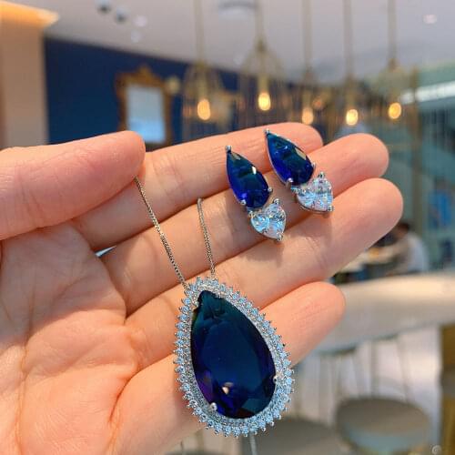 2021 Trend 925 Sterling Silver Water Drop Tanzanite Gemstone Lab Diamond Pendant Necklace Earrings Jewelry Sets Gift for Women