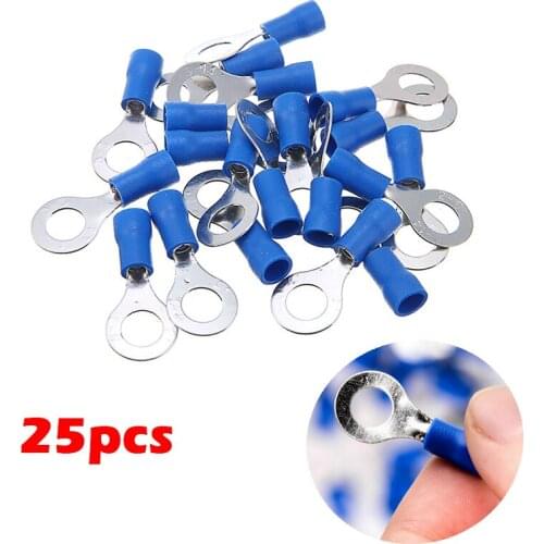 25pcs Blue Ring Electrical Wire Terminals RV 2-6 Insulated Crimp Connector 14-16 AWG