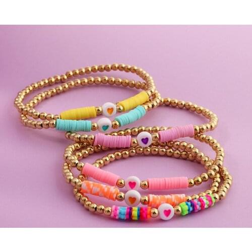 5Pcs Mix Colors Boho Friendship Bracelet Alloy Bracelet Set Polymer Clay Stretch Bracelet Set Girl Jewelry Gift