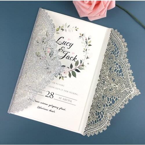 Free Shipping 50 Sets White/Burgundy Silver Glitter Hollow Flower laser cut wedding invitation cards+Envelope insert