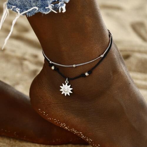 Vintage Multiple Layers Anklets for Women Black Sun Pendant Charms Rope Chain Beach Summer Foot Ankle Bracelet Jewelry