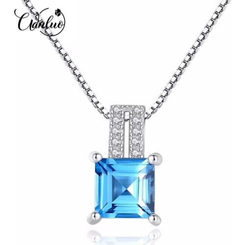 WANLUO 925 Sterling Silver Cushion-Cut Genuine Sky Blue Topaz Pendant Necklace With 40+5cm Box Chain Fine Silver Jewelry Women