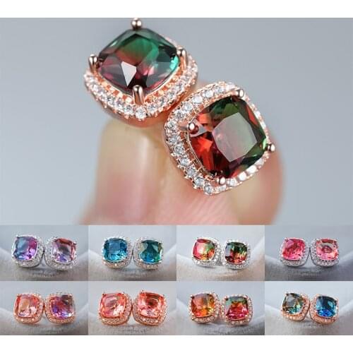 Elegant Female Rainbow Crystal Stone Jewelry Rose Gold Silver Color Wedding Earrings Cute Square Zircon Stud Earrings For Women