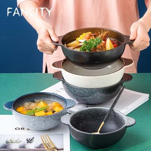 FANCITY Soup Bowl Ceramic Bowl Binaural Soup Bowl Creative Noodle Bowl Japanese Salad Bowl Household Large Soup Bowl Tableware P
