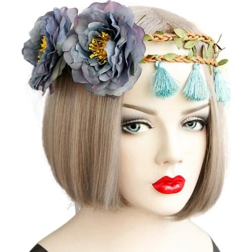 Headband for Womens Girls Boho Artificial Flower Vine Crown Tassel Fringe Ribbon Hair Garland Headwrap Bridal Wedding Hairbands