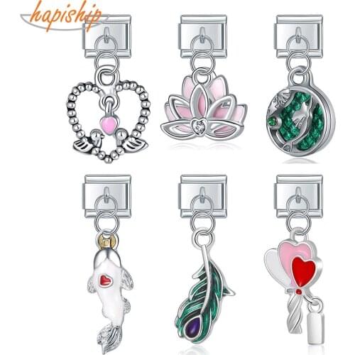 Hapiship 2021 Original Daisy Fashion Fish Love Birds Heart Key Feather Charm Italian Links Fit 9mm Bracelet Jewelry Making DJ367