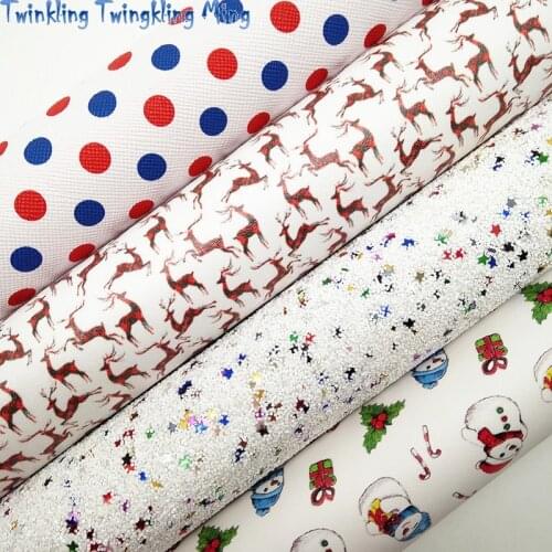 Red and Blue Glitter leather, Snowman Dots Elk Printed Synthetic Leather Faux Fabric For Bow A4 21x29CM Twinkling Ming KM166