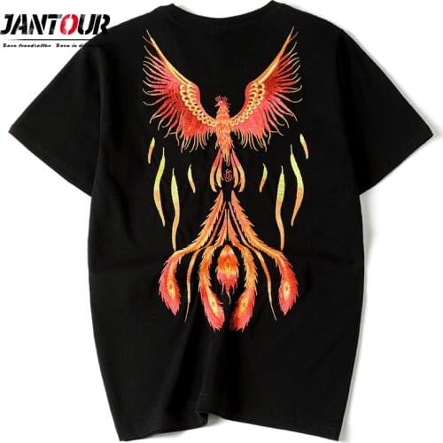 Jantour Brand 100% Cotton Embroidery Phoenix bird T-shirt Mens O-Neck Thin Shirt Tees Tops Male Black Chinese style M-XXXXL
