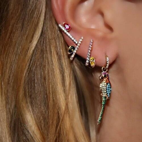 Teardrop red yellow cubic zirconia simple bar stud earring rose gold color geometric simple fashion design multi hole earrings