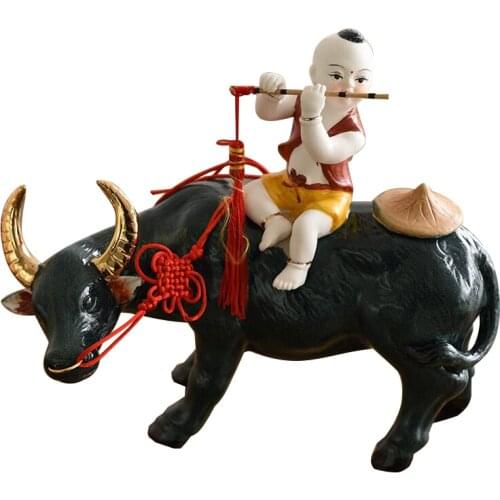Pottery Shepherd Boy Riding Bull Classical Art Decoration Home Living Room Decoration Chinese Style