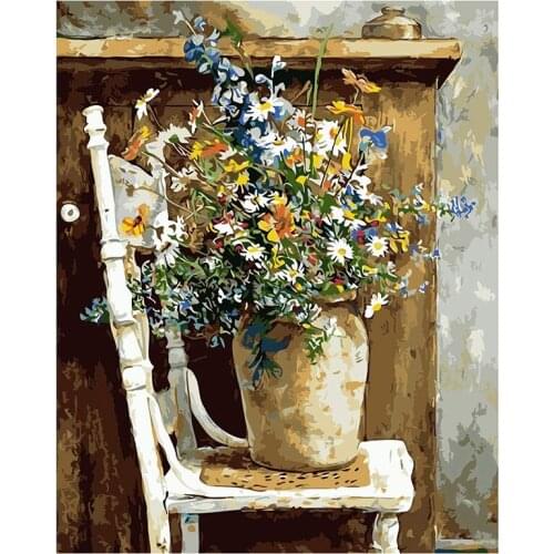 Paint By Numbers DIY Acrylic Painting Kit for Kids & Adults 40X45cm Wild Flowers Pots Chair with 3 Brushes