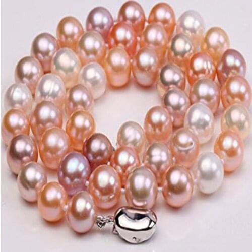 Colorful Pearl Necklaces 7-8mm Natural Round Freshwater Pearl Necklace 18" beautiful three colors(white,pink and lavender)