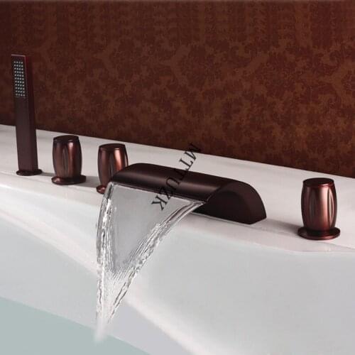 MTTUZK Brass Oil-rubbed Bronze Waterfall Widespread Bathtub Faucet with Hand Shower 5 hole Bathtub Faucet set MT50500