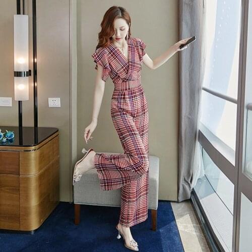 Summer Women V-neck Sexy Jumpsuits Elegant Short Sleeve Plaid Wide-leg Jumpsuit Ladies Party Overall Outfit Chiffon Romper 2062