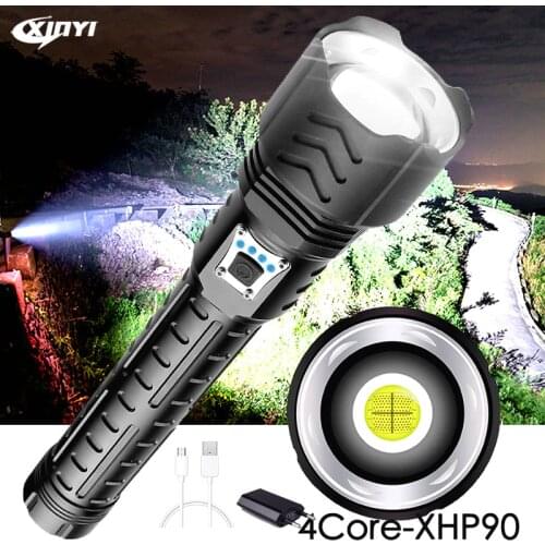 Powerful 4 Core XHP90 LED Flashlight With Battery Display Portable Torh outdoor waterproof light Suitable for camping, adventure