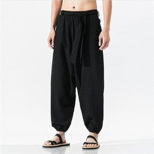 Chinese style Men Cotton Linen Full Pants 2020 New Fashion Wide Leg Pants Sashes Foot Straps Male Trousers Plus Size M-7XL