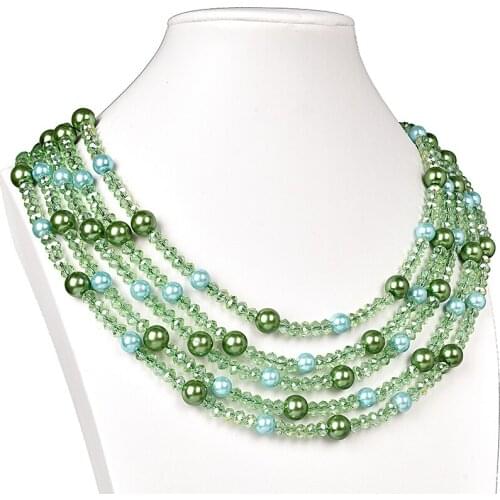 5 rows blue size confection bead and Green beads gem is many Glass crystal and Synthesis pearl layer necklace, simple