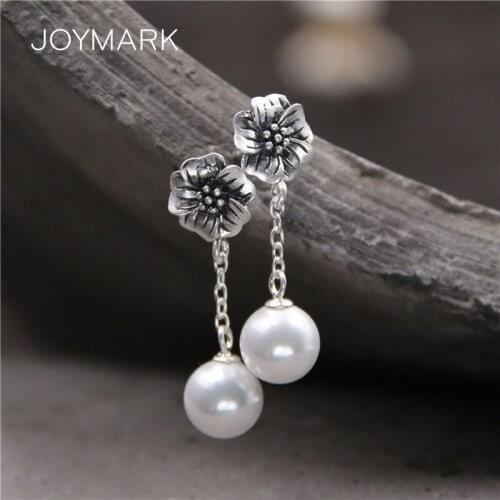 S990 Pure Silver Flower Dangle Earrings Retro Thai Silver Shell Pearl Bead Drop Earrings Women Sterling Silver Jewelry TSE469